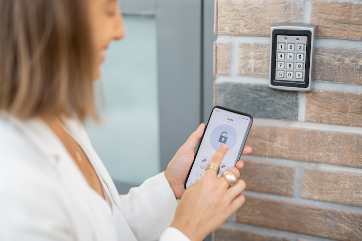 Woman puts code using the phone to access the office